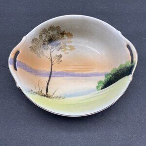Vtg Meito China Bowl Dish Japan Hand Painted‎ Landscape Lake 2 Handle 1930s 40s